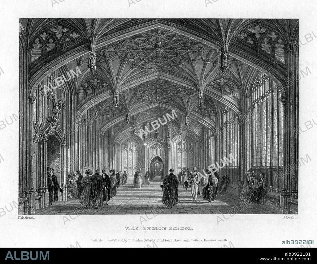 The Divinity School, Oxford, 1837. Part of Oxford University, the Divinity School was built between 1427 and 1483. A fine example of Perpendicular style architecture, the building is noted for the elaborate fan vaulting and bosses of its ceiling.