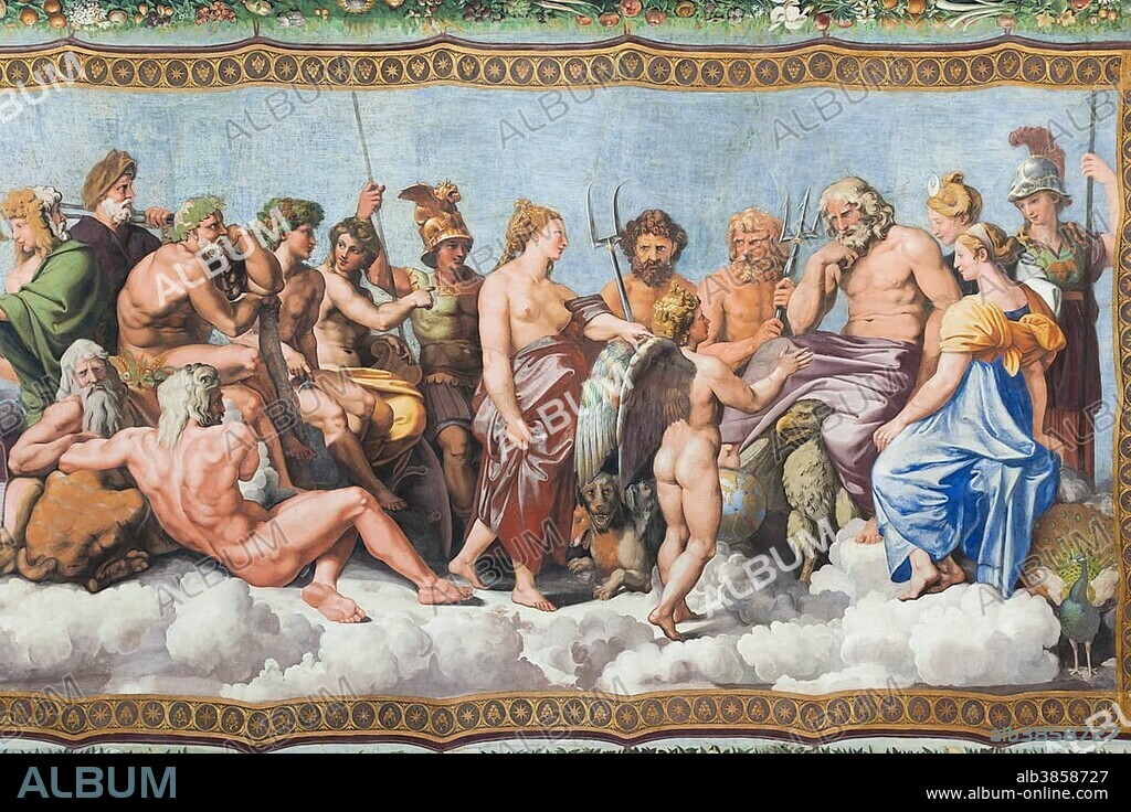 The Council of the Gods, ceiling fresco by Raphael or Raffaello Sanzio of Urbino, Villa Farnesina, Trastevere, Rome, Lazio, Italy