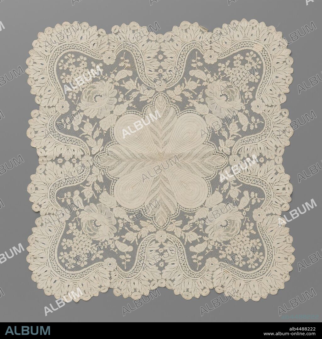 Handkerchief of bobbin lace, drop shapes in the center and roses in the corners, Handkerchief of natural-colored bobbin lace: Valenciennes lace from Ghent. Square model with rounded corners, wavy shell edges. The pattern consists of a densely worked flower in the center, which is made up of four drop shapes between which four elongated heart shapes, each crowned by a small drop-shaped motif. From every large drop shape a large rose rises towards the corner point on a short stem with two leaves. The rose is crowned by branches with forget-me-nots and flanked on both sides by a smaller branch with a rose in the bud. A decorative band forms a three-lobed frame with zigzag lines and dots around the flower branches, which is adorned on the outside with a succession of leaves and ovals. The motifs are largely made in very densely worked linen with openwork edges and fine cut-outs like leaf veins. Some petals of the rose are made in net stroke. The motifs are connected by a square Valenciennes ground. The handkerchief comes from the Congregation of Sisters of Our Lady Visitation., Congregatie van de Zusters van Onze-Lieve-Vrouw-Visitatie, Ghent, 1852 - 1867, linen (material), Valenciennes of Ghent, l 42 cm × w 41 cm.