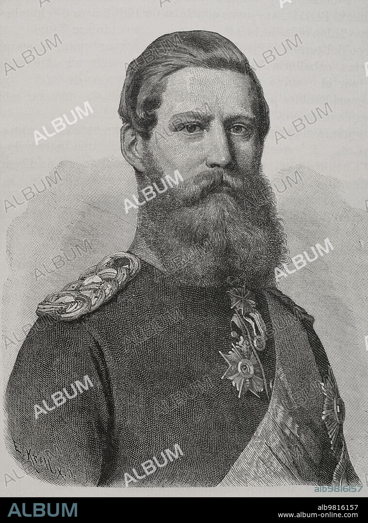 Federico III (1831-1888). Segundo emperador alemán y octavo rey de Prusia durante algo más de tres meses (9 de marzo al 15 de junio de 1888), a consecuencia de su fallecimiento por un cáncer de laringe. Como príncipe heredero participó como general en la guerra franco-prusiana, mandando el III ejército alemán. Retrato. Grabado por E. Krell. "Historia de la Guerra Franco-Alemana de 1870-1871". Publicada en Barcelona, 1891.