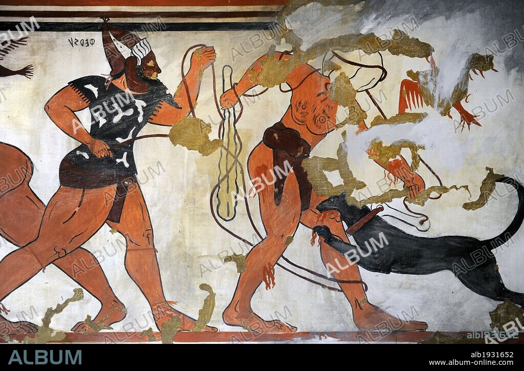 Etruscan Art. Italy. Tarquinia. Tomb of the Augurs, c.530 BC. Copy of tomb painting. Man attacked by a vicious dog. Ny Carlsberg Glyptotek. Denmark.