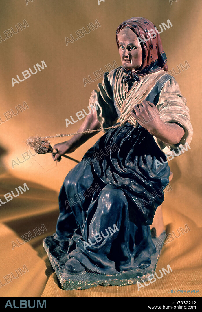 FRANCISCO SALZILLO. LA HILANDERA - FIGURILLA DE BELEN - SIGLO XVIII - BARROCO ESPAÑOL.