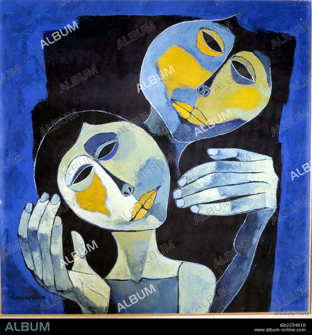 GUAYASAMIN OSWALDO. GUAYASAMIN, OSWALDO. PINTOR ECUATORIANO. QUITO 1919-. " MADRE Y NIÑA EN AZUL " , OLEO 1986.