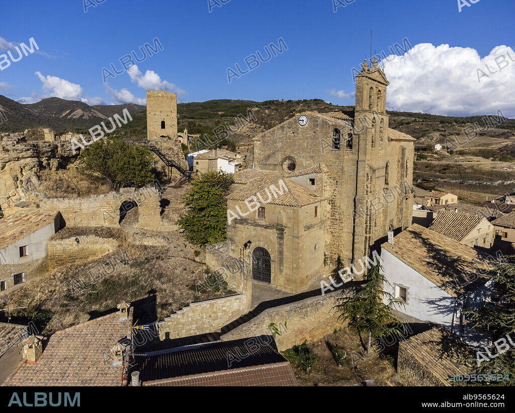 castle and church of San Salvador, Luesia medieval village, Cinco Villas, Aragon, Spain.