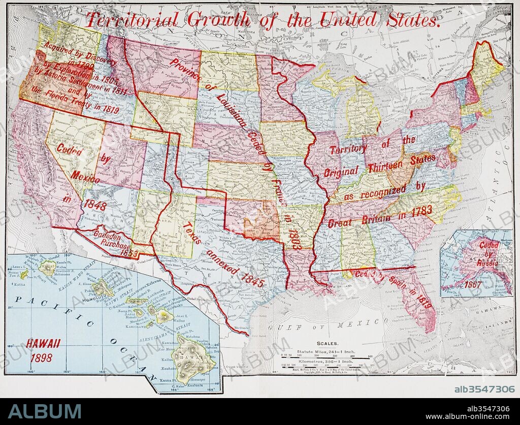 Map from 1898 showing the territorial growth of the United States of America. From The History of Our Country, published 1900.