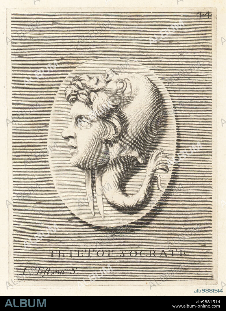 Theaetetus of Athens, Greek mathematician, c. 417-369 BC, in a mask with the face of Socrates, Greek philosopher and the founder of Western philosophy, c.470399 BC. Helmet or mask in the shape of a dolphin with head of bald bearded man, with fish tail or hair tied with a ribbon. From a jasper gem. Teteto e Socrate. Copperplate engraving by Joseph Testana after Giovanni Angelo Canini from Iconografia, cioe disegni d'imagini de famosissimi monarchi, regi, filososi, poeti ed oratori dell' Antichita, Drawings of images of famous monarchs, kings, philosophers, poets and orators of Antiquity, Ignatio deLazari, Rome, 1699.