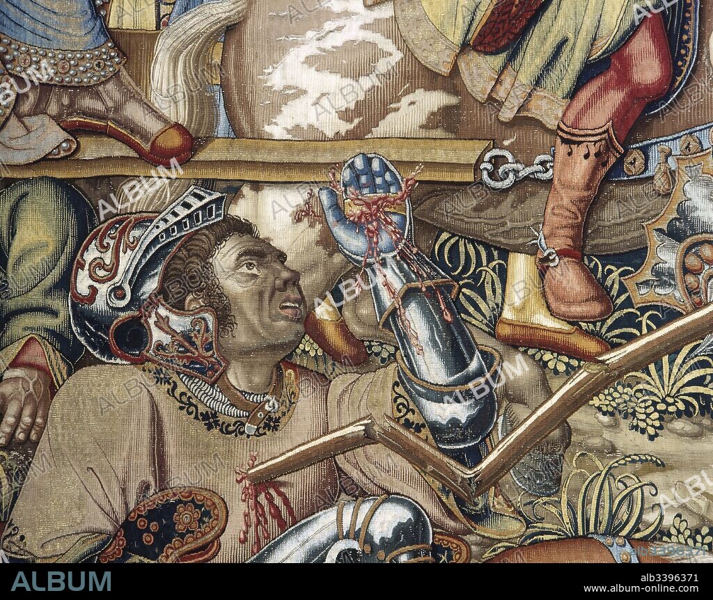 Tapiz denominado "La Infamia". Serie Los Honores. Detalle con el emperador romano Juliano "el Apóstata" (330-363) cayendo del caballo, derrotado por la Muerte que le clava una lanza medieval en pleno corazón. Museo de los Tapices. Palacio Real de La Granja de San Ildefonso. Provincia de Segovia. Castilla-León. España. Patrimonio Nacional.