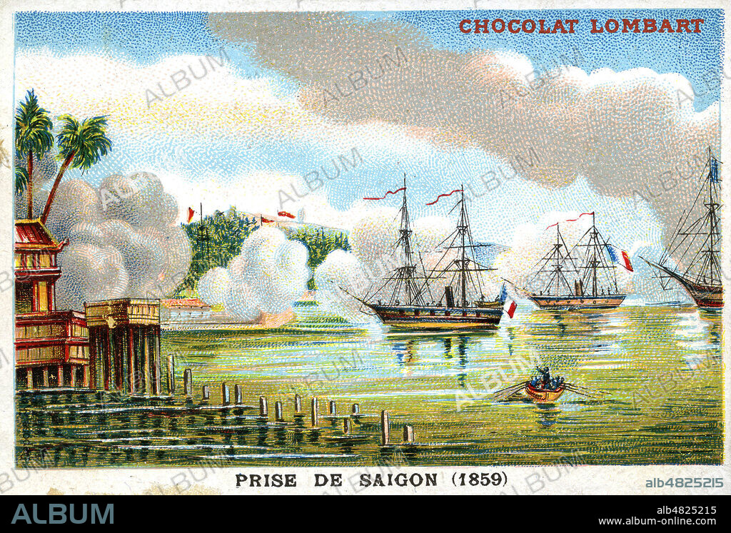 'Prise de Saigon (1859)' par une flotte franco-espagnole sous le commandement de l'amiral Charles Rigault de Genouilly durant la campagne de Cochinchine. Chromo publicitaire Lombart vers 1900. Credit : Collection KHARBINE-TAPABOR.