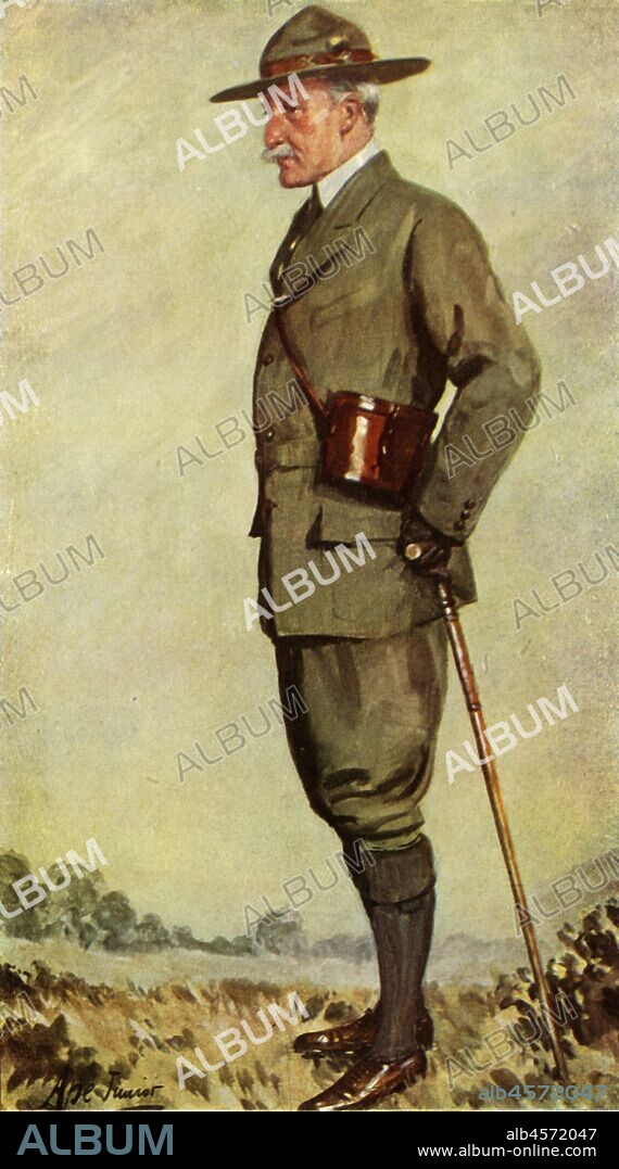 APE JUNIOR. Lord Baden-Powell, 1911, (1944). Portrait of Robert Stephenson Smyth Baden-Powell (1857-1941), British soldier and founder of the Boy Scouts and Girl Guides. Baden-Powell  won fame during the 2nd Boer War (1899-1902) as the defender of Mafeking which was under siege from 1899 until it was relieved by Field Marshal Roberts on 19 May 1900. From "Boy Scouts', by E. E. Reynolds. [Collins, London, 1944].