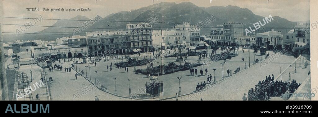 'Tetuan - Vista general de la plaza de Espana', c1910. Tetuan - Vista general de la plaza de Espana, (Tetuan - Overview of the Plaza de Espana). Tétouan is a port city in northern Morocco in the far north of the Rif Mountains. In an area under Spanish influence for many years, Tétouan became the capital of the Spanish protectorate of Morocco in 1913 until Morrocan independence in 1956.