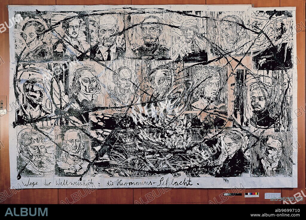 ANSELM KIEFER. Ways of Worldly Wisdom: Arminius's Battle, 1978. Collage with woodcut, acrylic and varnish. 215 X 340cm. © Anselm Kiefer. Beuys to Hirst: Art Works at Deutsche Bank.