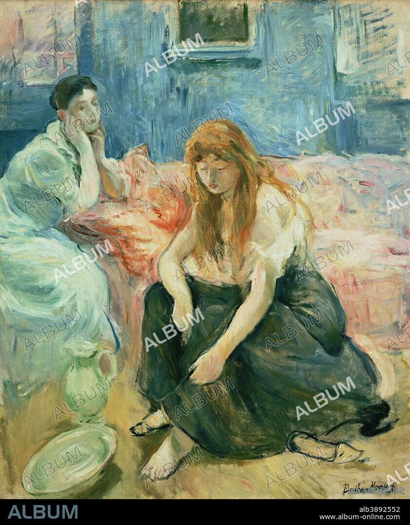 BERTHE MORISOT. Two Girls. Date/Period: Ca. 1894. Painting. Oil on canvas. Height: 25.63 mm (1 in); Width: 21.25 mm (0.83 in).