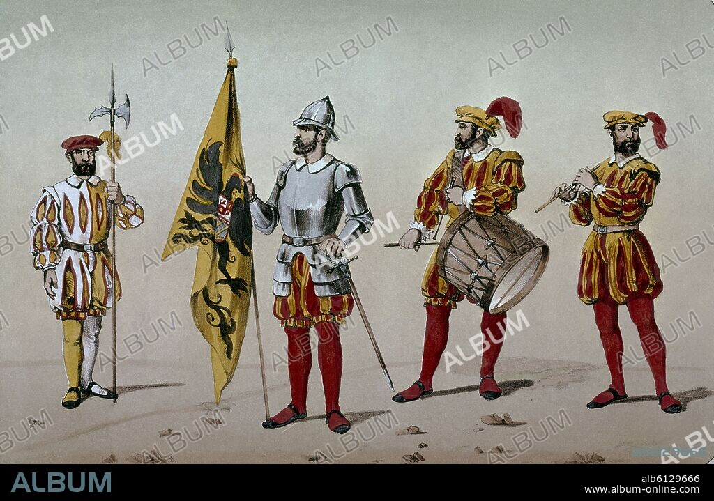 JOSE RUBIO DE VILLEGAS. SOLDADOS DE LA DINASTIA DE LOS AUSTRIAS AÑO 1534:GUARDIA ALEMANA,ALFEREZ,ATAMBOR Y PIFARO.
