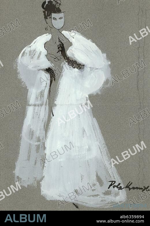 Mode:. Pelz, Winter 1972/73. Langer Pelzmantel. (Entwurf für Pelz Kunze, Berlin und Düsseldorf). Zeichnung von Gerd Hartung (1913-2003). Schwarze Tusche und Deckweiß. Privatsammlung.