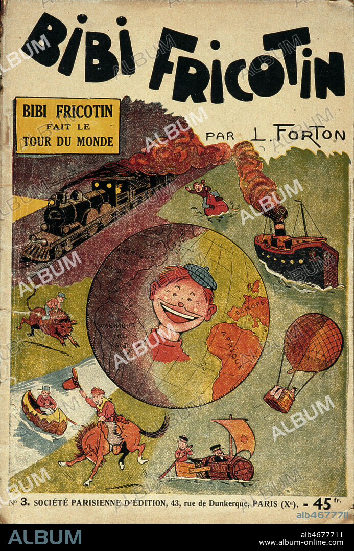 BIBI Fricotin fait le tour du monde, couverture d'une bande dessinee de 1917 par Louis FORTON (1879-1934). Credit Collection Jonas/Kharbine Tapabor.