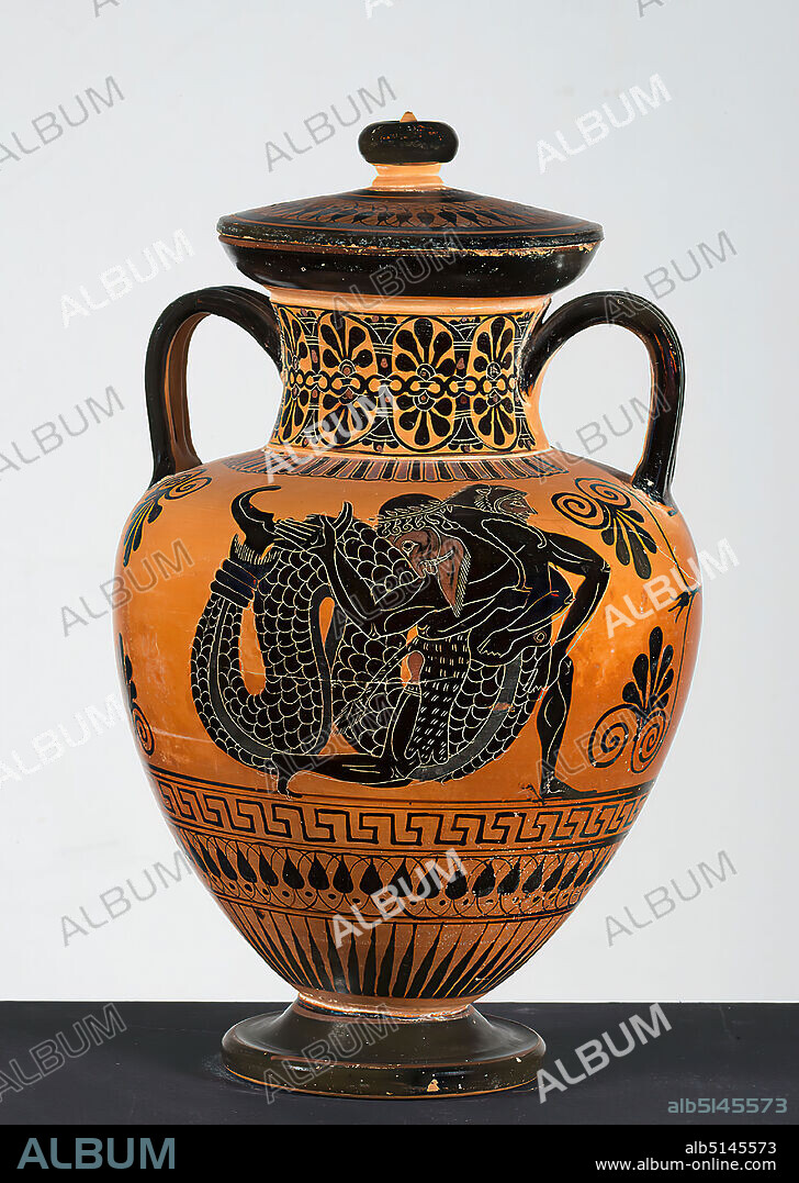 Antimenes painter, neck amphora with lid (Heracles fights with Nereus, Menelaos and Helena), clay, quickly turned, painted (ceramic), alternately fired, clay, turned and painted, total: height: 36.4 cm; mouth diameter: 14.2 cm; base diameter: 12.2 cm, incised mark: under the foot, pottery, Nereus, Hercules forces Nereus to tell him the way to the Hesperides, Menelaus and Helena, ornaments, late archaic, The neck amphora with triple ribbed handles and the presumably originally belonging lid shows only few splinters. From the foot upwards, the following ornamental sequence results: corona, bud arch frieze with dots and a hook meander. On the shoulder there is a colored alternating tongue leaf pattern, which is interrupted under the handles. The neck is decorated with a double lotus-palmette ribbon directed against each other. The lid is again decorated with a bud arch frieze. The handle is formed in the shape of a pomegranate. On side A, Heracles sits astride the winding, scaly body of Nereus in a kneeling pattern and has embraced him with both arms from behind. The latter has a huge head, a long beard and wears a myrtle wreath in his hair. The lowered head and the helplessly stretched out right arm seem to indicate that Heracles will defeat him immediately. The Hero can be recognized by his lion skin. Long before the first literary testimony, Heracles' battle with Nereus appears on Attic vases, almost without exception black-figured. The theme was particularly popular in the second half of the 6th and at the beginning of the 5th century B.C. The mythographer Pherekydes of Leros, who was active around the middle of the 5th century B.C, was the first to report a connection between the sea god Nereus and the deeds of Heracles and the search for the apples of the Hesperides. Already in the Iliad, Nereus is mentioned, but not by name, but as the 'Old Man of the Sea'; in the Odyssey this is his epithet. He is described as a shape-shifter, who possesses the gift of prophecy.