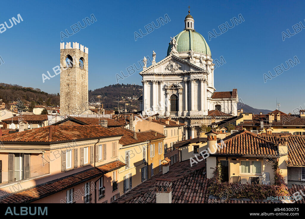Brescia, view of the town from the Hotel Vittoria: At the centre the Pégol Tower and the dome of the Duomo Nuovo (the New Cathedral) , in late Baroque style with the facade of Botticino marble.