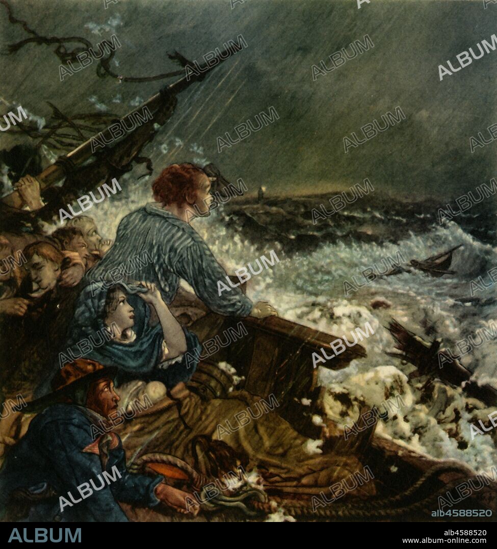 WILLIAM BELL SCOTT. 'Grace Darling and her Father Saving the Shipwrecked Crew, September 8th, 1838', (1942). In 1838 Grace Darling and her father William Darling, a local lighthouse keeper, heroically rescued victims of the wreck of the SS 'Forfarshire' off the Farne Islands. She died from tuberculosis in 1842, aged just 26.  Design made 1857-1858 for the decoration of the inner court of Wallington Hall, Northumberland. From "English Women", by Edith Sitwell. [Collins, London, 1942].