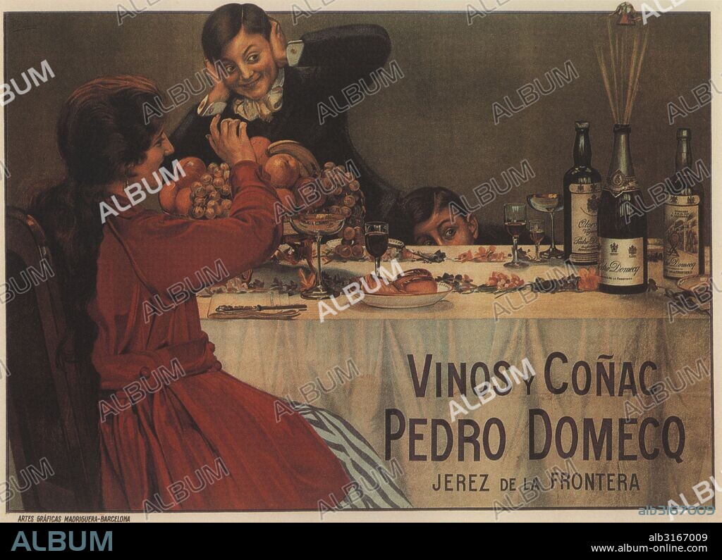 Publicidad. Vinos y coñac Pedro Domecq, de Jerez de la Frontera; grupo familiar alrededor de una mesa. Cartel de 1915. Facsímil de 1960.
