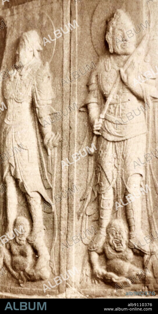 Granite: relief on the wall of the entrance to the Seok-gu-ram Grotto (Cave Temple), Kyeongju. The Four Heavenly Kings are four Buddhist deities, each of whom is believed to watch over one cardinal direction of the world. The Hall of Four Heavenly Kings is a standard component of Chinese Buddhist temples. The Seokguram grotto is registered as a UNESCO World Heritage and as the Korean National Treasure number 24. The Seokguram Grotto was initiated in 751 by King Kyeongdeok of Silla and completed by his son in 774 by King Hyegong of Silla. The Grotto was built to illustrate the moment when Sakyamuni achieved the Enlightenment. From the time of Unified Silla (668 - 935).