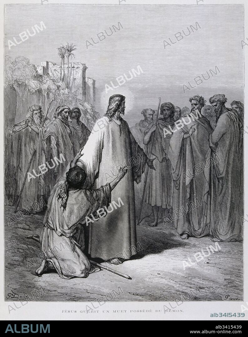 Engraving by Gustave Doré (1832-1883); Jesus heals a mute possessed by a demon.
