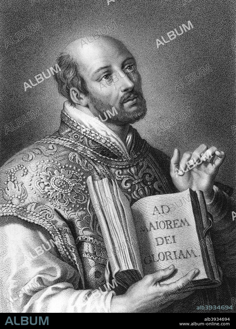St Ignatius of Loyola, 16th century Spanish soldier and founder of the Jesuits, (1836). Inigo Lopez de Loyola (1491-1556) founded the Society of Jesus together with 6 others at St Mary's Church, Montmartre, Paris, in 1534. The society, which came to be known as the Jesuits, was established with the mission to enter upon hospital and missionary work in Jerusalem, or to go without questioning wherever the pope might direct. The Society of Jesus gained papal approval in 1540, and went on to become a highly organised teaching and missionary society which was at the forefront of the Counter-Reformation. St Ignatius was canonised in 1622.