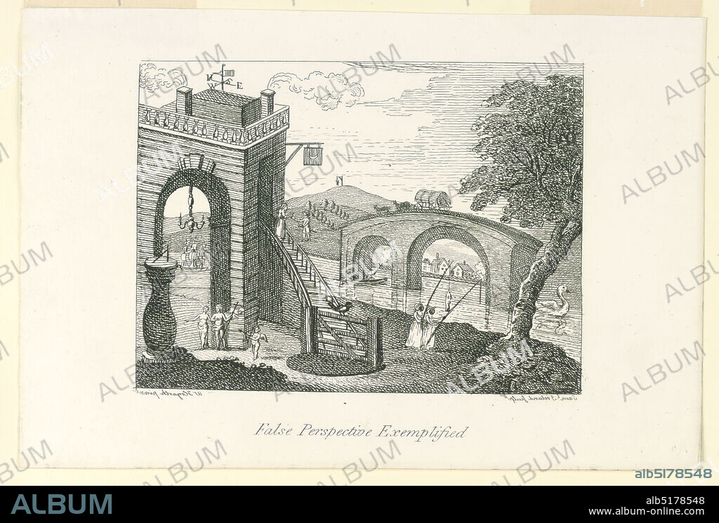 False Perspective Exemplified, Samuel Ireland, English, ca. 17441800, Samuel Ireland, English, ca. 17441800, William Hogarth, English, 1697 - 1764, Etching on paper, A river landscape with a bridge and an arch. The bridge and tower drawn in wrong perspective. At right foreground, a tree, hills in background., England, 1754, Print, Print.
