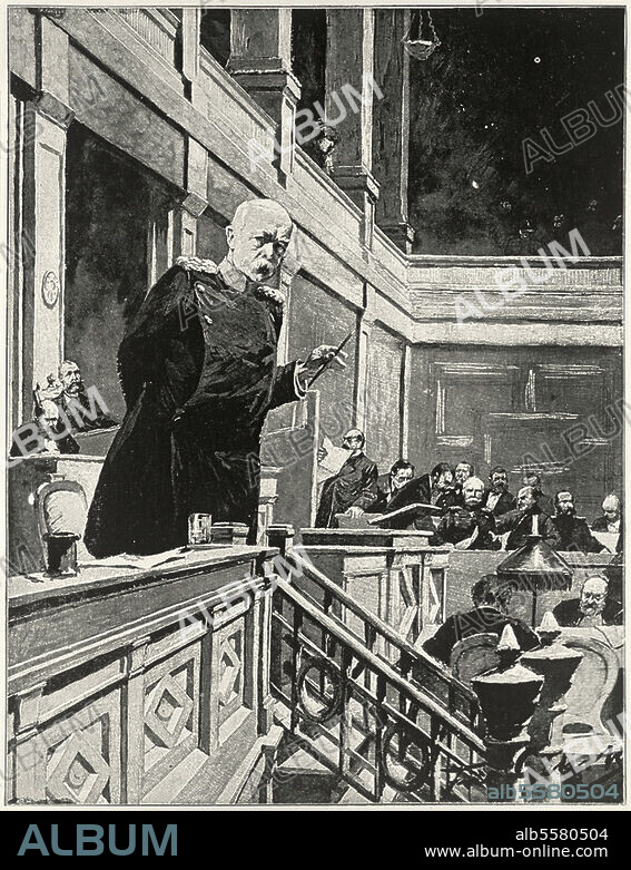 Bismarck, Otto von; chancellor. 1815-1898. - "There hasn't been a generation in Germany which was obliged to draw the dagger against France". (Bismark at the Reichstag, 11th of January 1887, regrding the militaty bill). After a drawing by Fritz Gehrke (1855-1916). From: H.Schöningen, Wilhelm II.