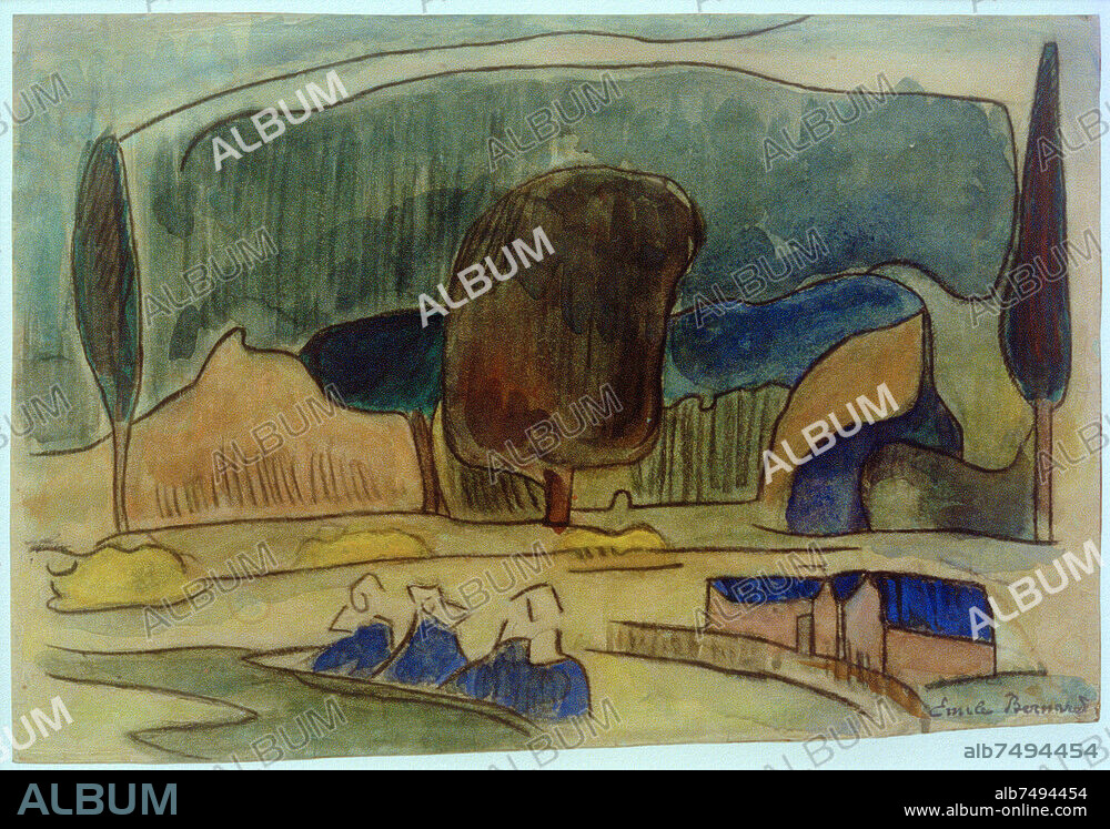 EMILE BERNARD. Bernard, Émile; 1868-1941. "Bretonische Landschaft mit drei Figuren", nach 1890. Kreide, Aquarell, 21,2 x 31 cm. Inv.Nr. 70/69; Bremen, Kunsthalle.