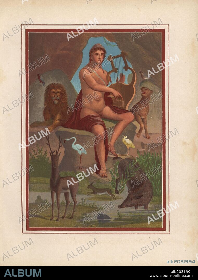 Large wall painting of Orpheus with a lyre from the House of Vesonius Primus, a fuller. He is surrounded by animals including a lion, cougar, boar, stag, hare and a blue flamingo. Illustration drawn by Discanno and lithographed by Victor Steeger from Emil Presuhn's "Pompeji. Die Neuesten Ausgrabungen von 1874-1881," Weigel, Leipzig, 1882. German archeologist Presuhn (1844-1881) lived in Italy for eight years and, with Mr. Discanno and Miss Amy Butts, made exact copies of many wall paintings that are now lost.