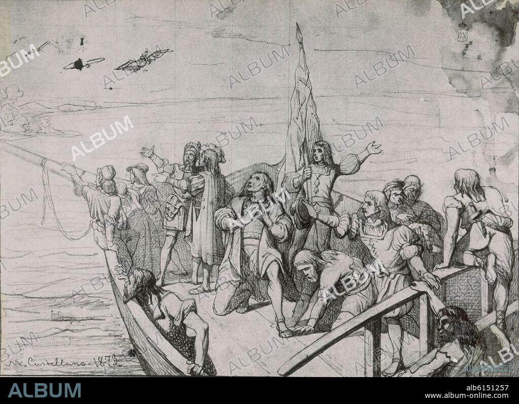 MANUEL CASTELLANO (1826-1880). DIBUJO-COLON LLEGA A AMERICA-1873.