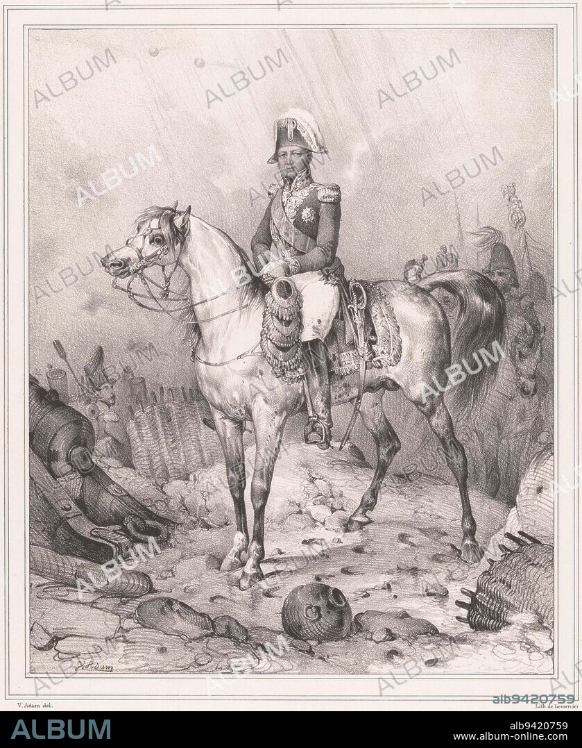 Rider portrait of Marshal Gérard during the siege of Antwerp, Victor Adam, 1832 - 1833, print maker: Victor Adam, (mentioned on object), printer: Joseph Rose Lemercier, (mentioned on object), publisher: Rittner & Goupil, (mentioned on object), print maker: France, printer: Paris, publisher: Paris, publisher: London, publisher: New York (city), 1832 - 1833, paper, h 523 mm × w 359 mm.
