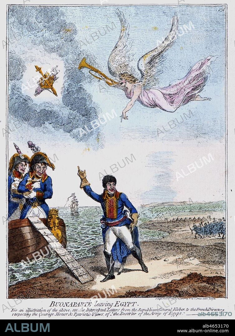 Bonaparte quittant l'Egypte. Caricature du 8/03/1800 par James Gillray (1757-1815). Caricatures anglaises reunies dans l'ouvrage de John GRAND-CARTERET (1850-1937), 'Napoleon en Images' en 1895. Credit : Collection Kharbine-Tapabor.