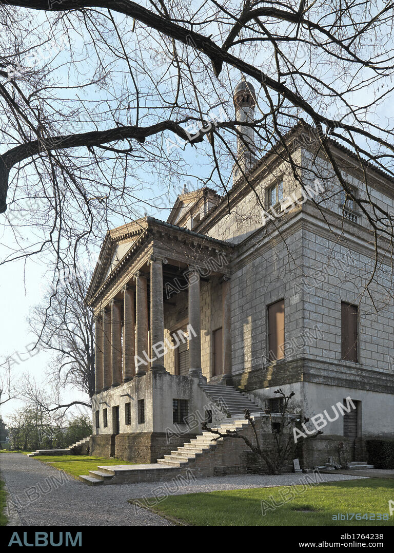 Villa Foscari, Gambarate di Mira, Malcontenta, by Battista Franco known as Semolei, Andrea di Pietro della Gondola known as Palladio, Giovan Battista Zelotti, 1559-1566 about, 16th Century,. Italy, Veneto, Venice, Mira-Gambarate, Villa Foscari La Malcontenta. View exterior Villa Malcontenta garden park park leafless branches stairway staircase tympanum ashlar work rustication entrance base pronaos, 2009 photograph.
