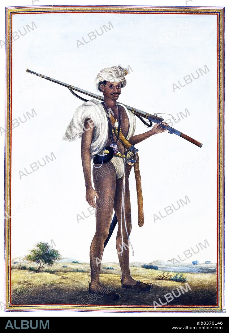 The Tashrih al-aqvam ('An Account of Origins and Occupations of Some of the Sects, Castes, and Tribes of India') was completed in 1825. The text, a summary of the Vedas and Shastras, translated into Persian by Colonel James Skinner (17781841), is a survey of both Hindu and Muslim occupational groups and religious mendicants in the Delhi region and begins with an account of the house of Timur down to Akbar II (r. 180637).<br/><br/>. Skinner commissioned Delhi artists to illustrate the album, the chief of them being Ghulam Ali Khan. The artist accompanied Skinner on his travels, and the watercolor portraits are probably all studies from life.