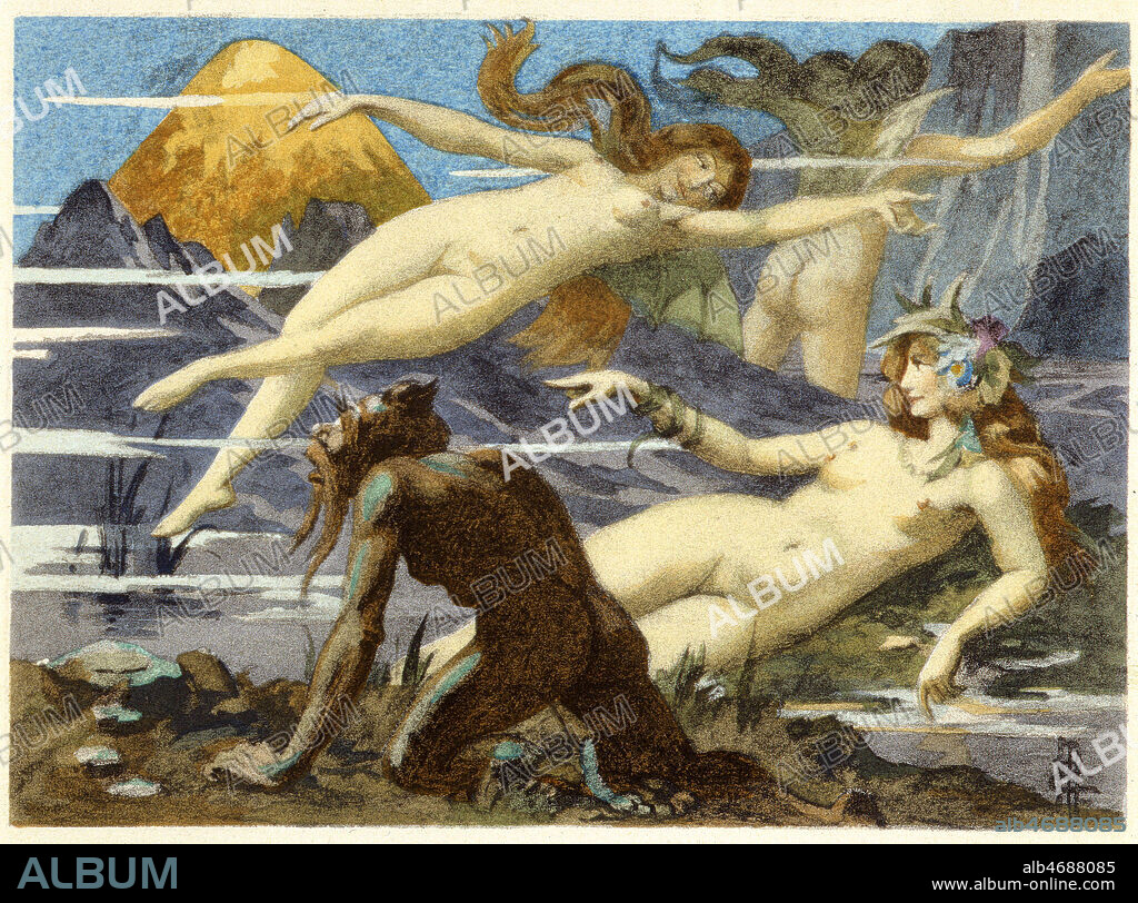 Mythologie allemande 'L'Or du Rhin' : le gnome Andvari et les sirenes (ondines ou nymphes) du Rhin. Tetralogie de Richard Wagner L'Anneau du Nibelung (Der Ring des Nibelungen) de Richard WAGNER (1813-1883). Illustration de Edmond MALASSIS (1874-1940), edition Piazza , 1942 . Credit : Collection Kharbine-Tapabor.