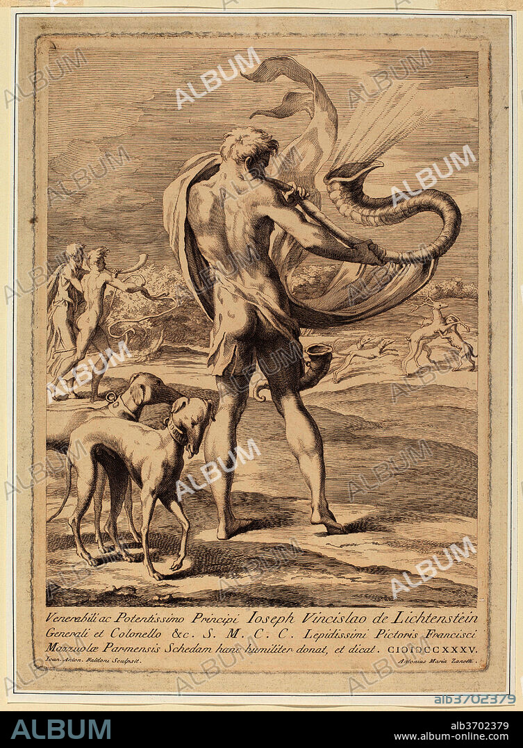 GIOVANNI ANTONIO FALDONI AFTER PARMIGIANINO. Nude Man Blowing a Conch. Dated: 1735. Dimensions: plate: 29.7 x 21.3 cm (11 11/16 x 8 3/8 in.)  sheet: 31.6 x 23 cm (12 7/16 x 9 1/16 in.). Medium: etching and engraving printed in sanguine on laid paper.