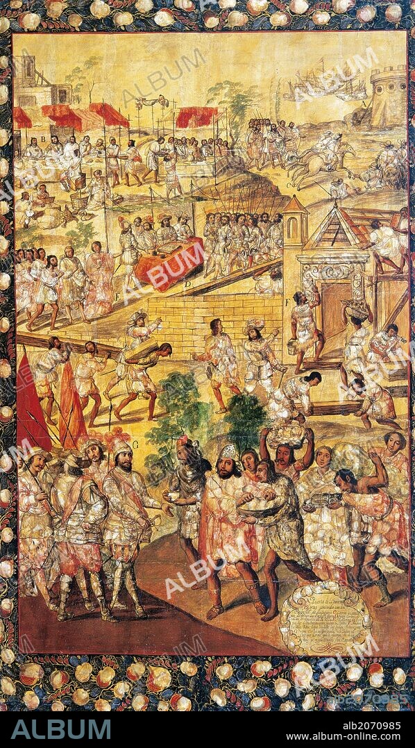 CONQUISTA DE MEXICO (1519). Cuadro enconchado de Miguel GONZÁLEZ (1698), donde describe distintas etapas de la CONQUISTA DE MEXICO realizada por Hernán Cortés y su ejército. Museo de América. Madrid. España.