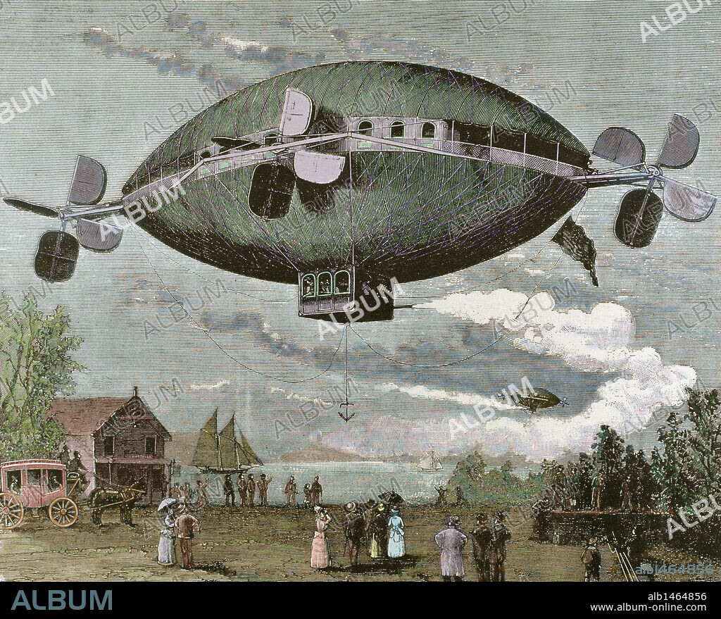 "AEROSTATO DE COLE". Grabado coloreado de "La Ilustración", año 1887.