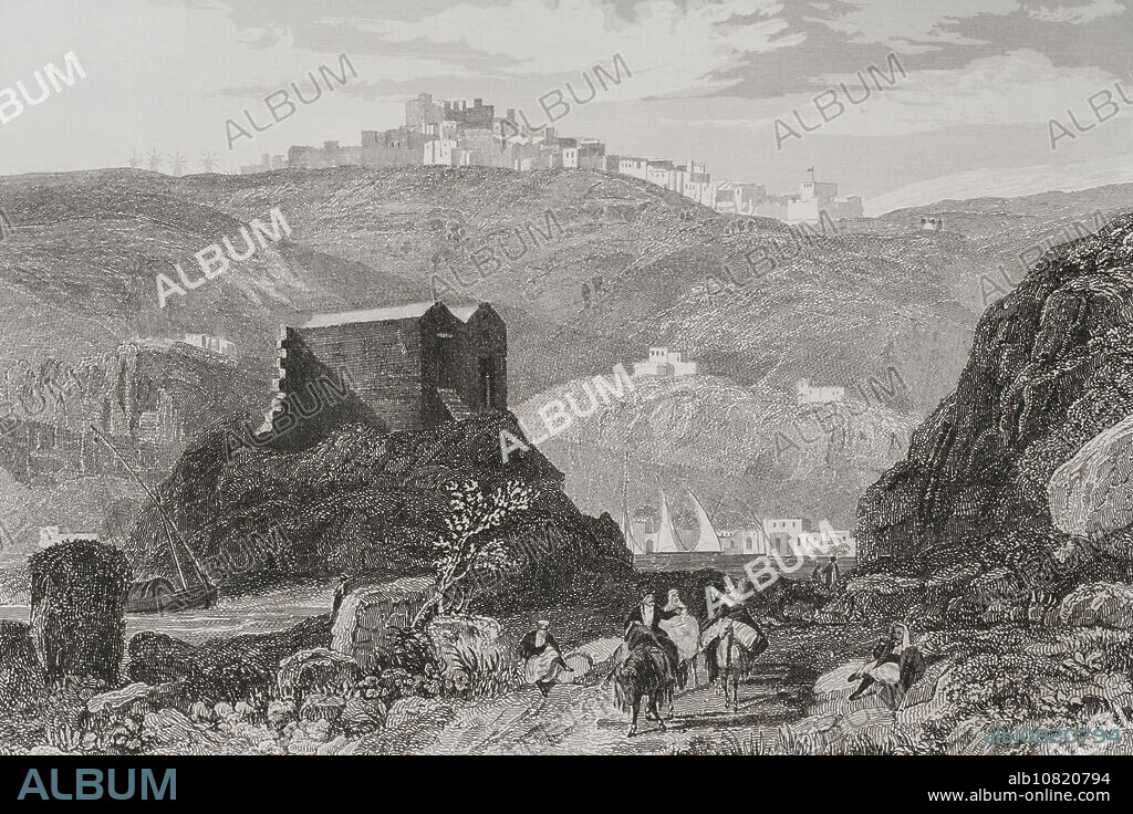 Patmos. Grabado por Aubert. "La Tierra Santa y los lugares recorridos por los profetas, por los apóstoles y por los cruzados". Publicada en Barcelona, imprenta de Joaquín Verdaguer, 1840.