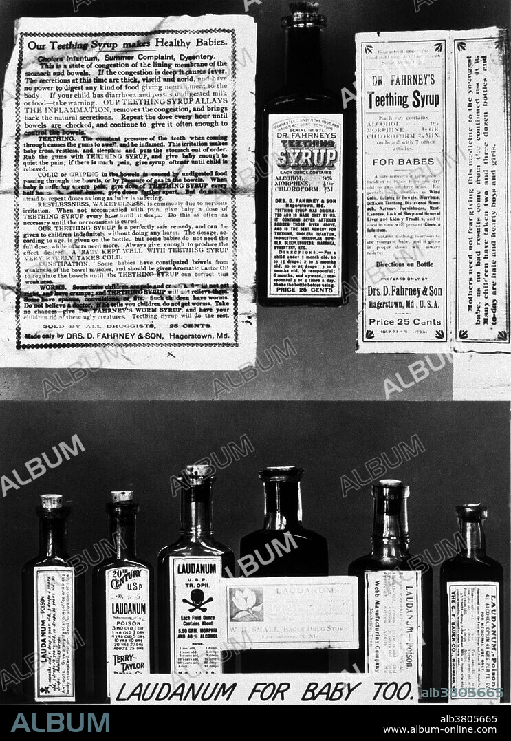 Laudanum For Baby Too. Display of various patent medicines for teething babies. Also displayed are printed advertisements and bottle labels. Laudanum is a tincture of opium. Laudanum contains almost all of the opium alkaloids, including morphine and codeine. A potent narcotic by virtue of its high morphine concentration, laudanum was historically used to treat a variety of ailments, but its principal use was as an analgesic and cough suppressant. Until the early 20th century, laudanum was sold without a prescription and was a constituent of many patent medicines. Today, laudanum is recognized as addictive and is strictly regulated and controlled throughout most of the world.
