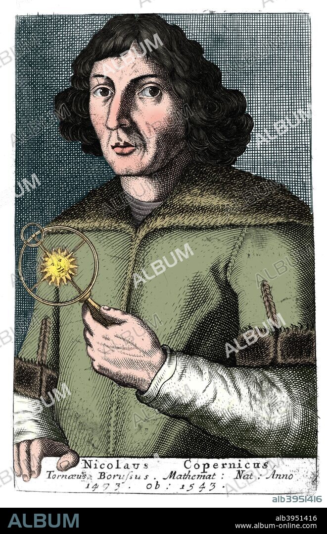 Nicolas Copernicus, Polish astronomer and mathematician. Copernicus (1473-1543) is considered to be the father of modern astronomy and founder of heliocentric cosmology. Prior to the work of Copernicus, the Earth was considered to be the stationary centre of the universe, a notion first advocated by the Egyptian astronomer Ptolemy. Copernicus' pioneering work De revolutionibus orbium coelestium (The Revolutions of Celestial Spheres) (1543) describes his idea of a Sun-centred universe, in which the Earth is merely one of the planets revolving around the Sun and rotating on its axis. (Colorised black and white print).