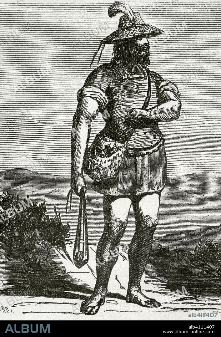 Historia Antigua. Hondero Balear. Soldados mercenarios de la Edad Antigua, integrados por indígenas baleares. Lucharon en los ejércitos cartagineses y romanos (II Guerra Púnica) y en la Guerra de las Galias. El arma que manejaban era la honda. Dibujo por Miranda. Grabado. Crónica General de España, Historia Ilustrada y Descriptiva de sus Provincias. Castilla-La Nueva, 1869. Biblioteca Histórico Militar de Barcelona, Cataluña, España.