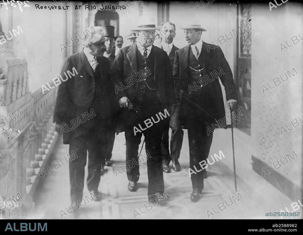 President Theodore Roosevelt in Rio de Janeiro, Brazil with Dr Lauro Severiano Müller (1863-1926), Foreign Minister of Brazil and military engineer on his right, before the Roosevelt-Rondon Scientific Expedition to the Amazon River which began in 1913.
