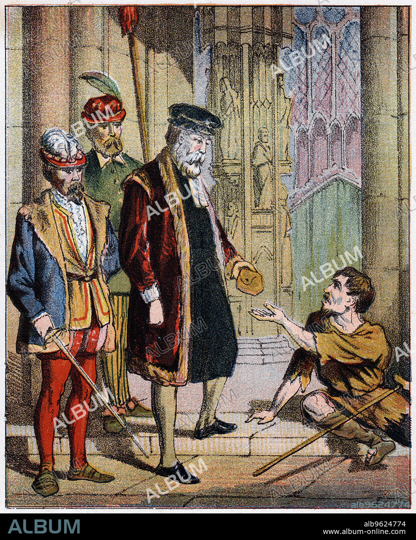 ANON. George Wishart, 16th century Scottish reformer and martyr, mid 19th century. Wishart (c1513-1546) on his way to trial before Archbishop Beaton, giving his purse to a beggar. He was found guilty and burned for heresy at St Andrews in March 1546. From Foxe's Book of Martyrs, the first edition of which was published in 1554.