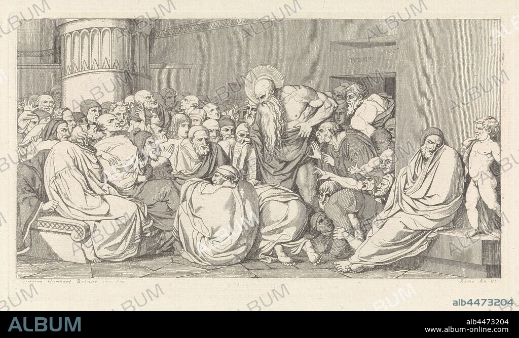 Jeremiah before the temple, Jeremiah with long beard and halo, addresses the people around him. Behind him the temple gate with an inscription in Hebrew above it. The performance depicts the first verses of chapter seven in the Bible book of Jeremiah. Perhaps the show is also intended as a cartoon, other scenes, the book of Jeremiah (with BOOK CHAPTER: FRESH), Jeremiah condemning idolatry (Jeremiah 2-6), David Pièrre Giottino Humbert de Superville (mentioned on object), unknown, 1796 - 1849, paper, etching, h 154 mm × w 268 mm.