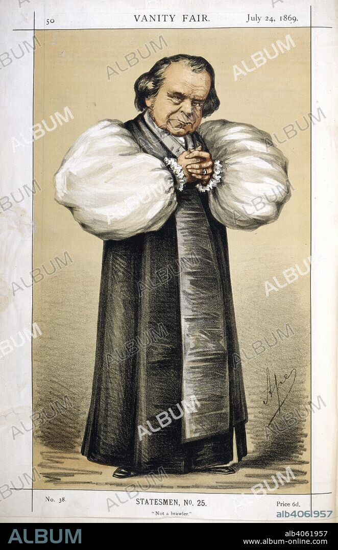 The Bishop of Oxford. Vanity Fair. London, July 24, 1869. Statesmen, no.25. Not a brawler. Bishop Samuel Wilberforce, English prelate (1805-73).  Image taken from Vanity Fair.  Originally published/produced in London, July 24, 1869. . Source: Colindale, 50. Language: English.