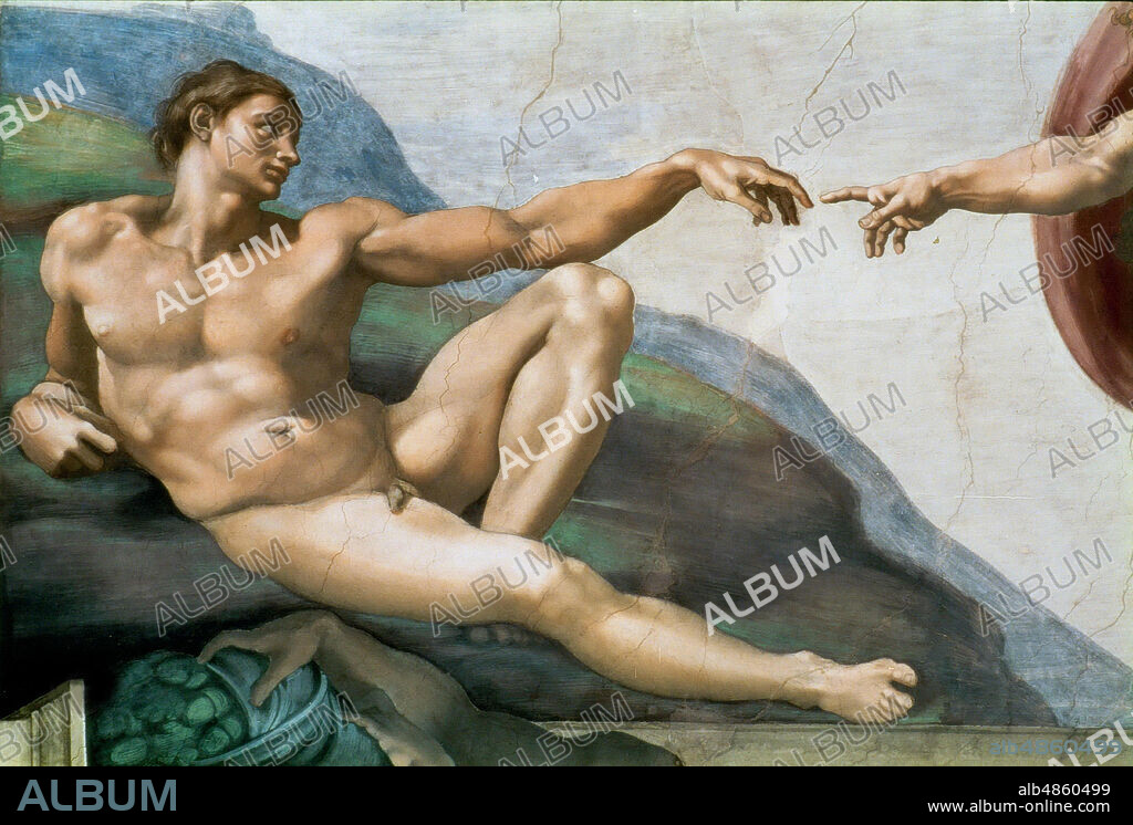 MICHELANGELO BUONARROTI. The Creation of Adam. Detail (Sistine Chapel ceiling in the Vatican).