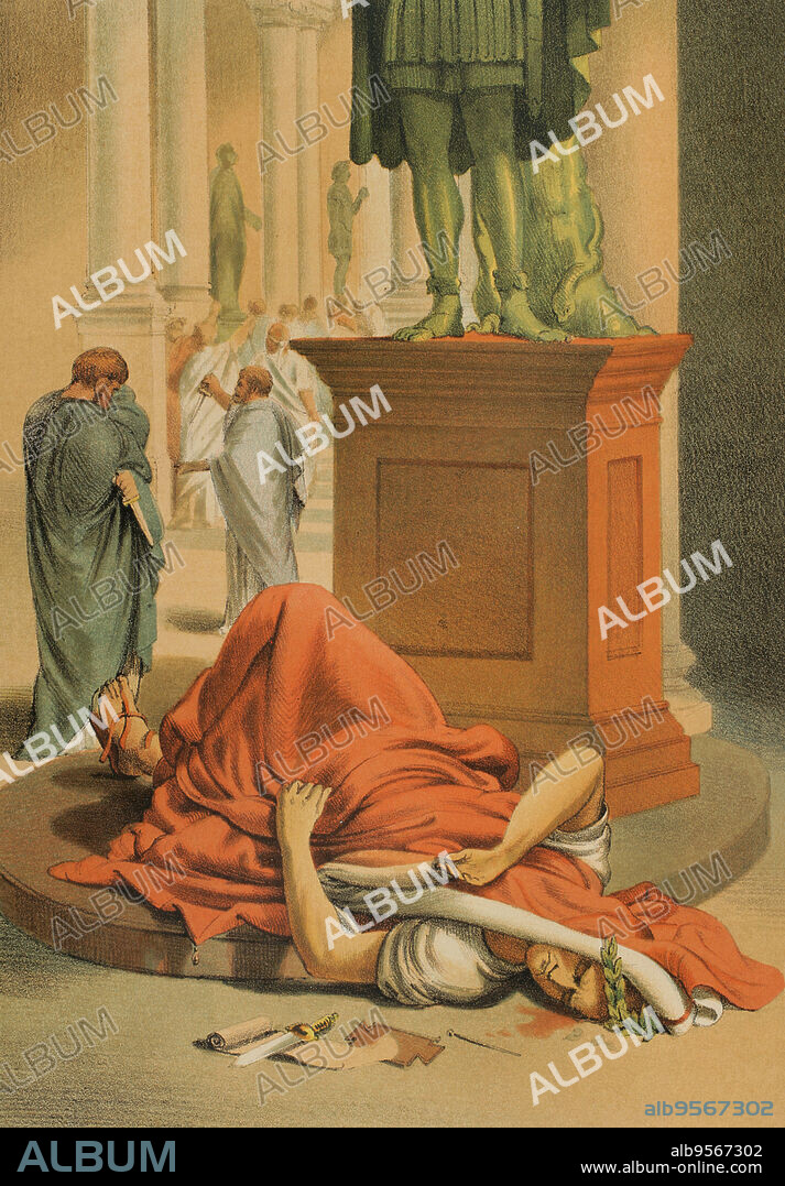 Gaius Julius Caesar (100 BC - 44 BC). Roman politician, general and writer. In 60 BC he established a triumvirate with Pompey and Crassus. Conquered Gaul. Head of the empire an dictator in perpetuity (Dictator Perpetuus). Assassination of Julius Caesar in Rome, on March 15, 44 BC, stabbed by Roman senators and fellow politicians. Chromolithography. "Historia Universal", by César Cantú. Volume III, 1882.