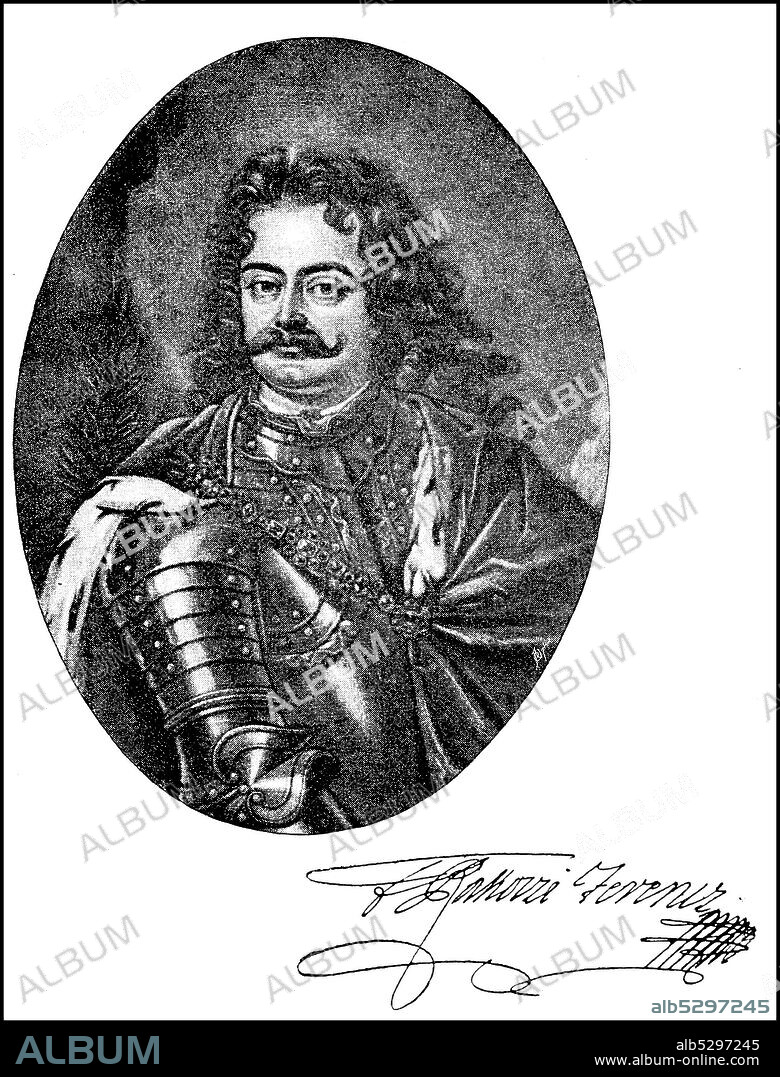 Francis II Rákóczi, March 27, 1676 - April 8, 1735 and is now regarded as a Hungarian national hero and was at that time the richest nobles in the Royal Hungary  /  Franz II. Rákóczi, 27. März 1676 - 8. April 1735, gilt heute als ungarischer Nationalheld und war seinerzeit der reichste Adlige im Königlichen Ungarn, Historisch, historical, digital improved reproduction of an original from the 19th century / digitale Reproduktion einer Originalvorlage aus dem 19. Jahrhundert,.